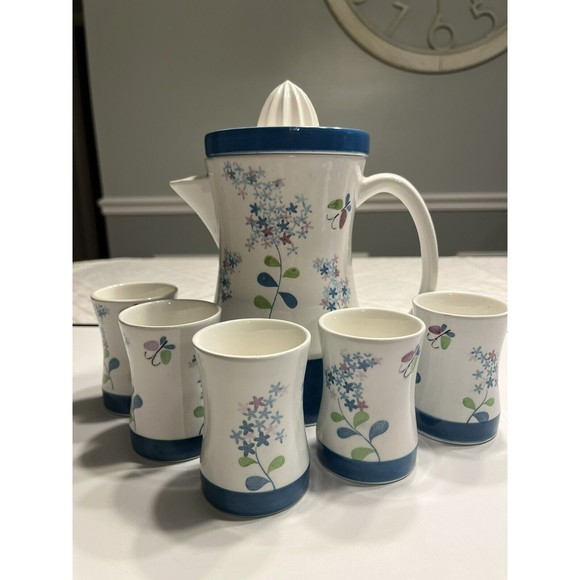Vtg National Potteries LILAC TIME Bedford Ohio Juicer Pitcher & 5 Juice Glasses - Picture 1 of 16